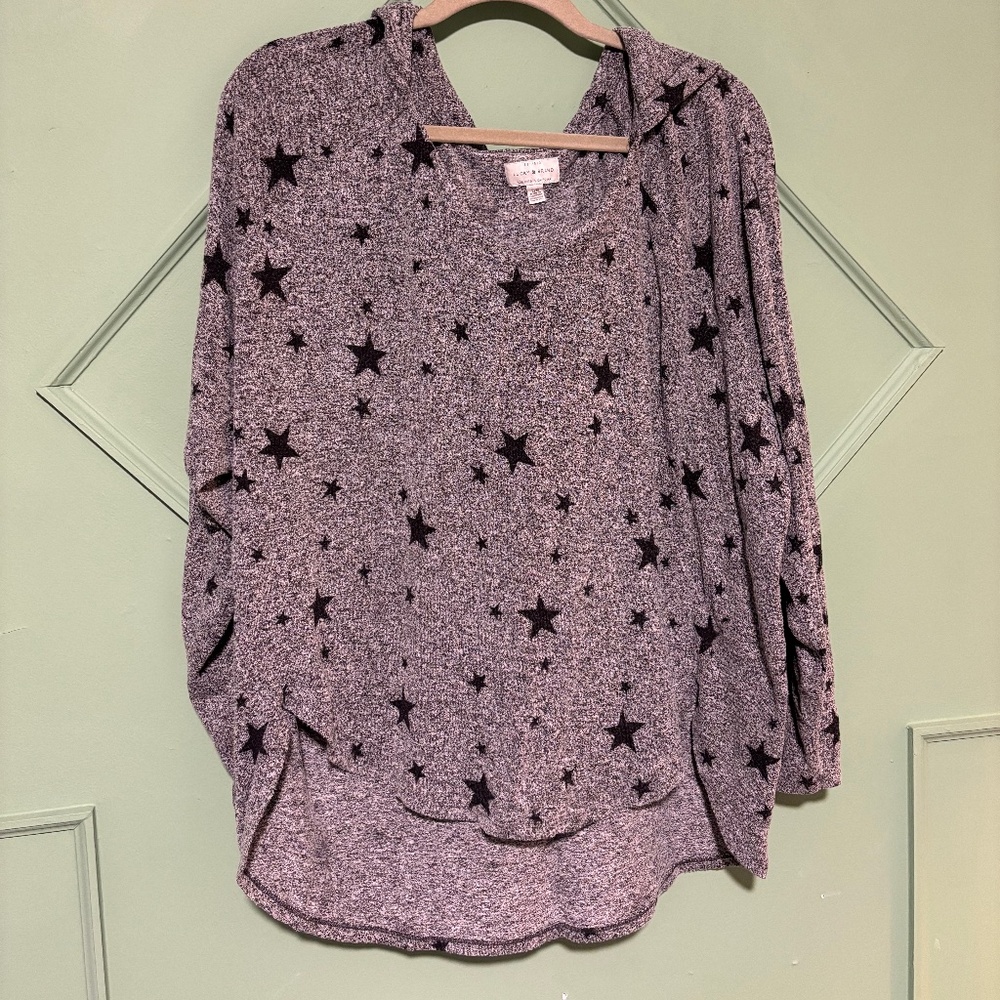 Lucky Brand Gray and Black Oversized Off Shoulder Sweater with Hood